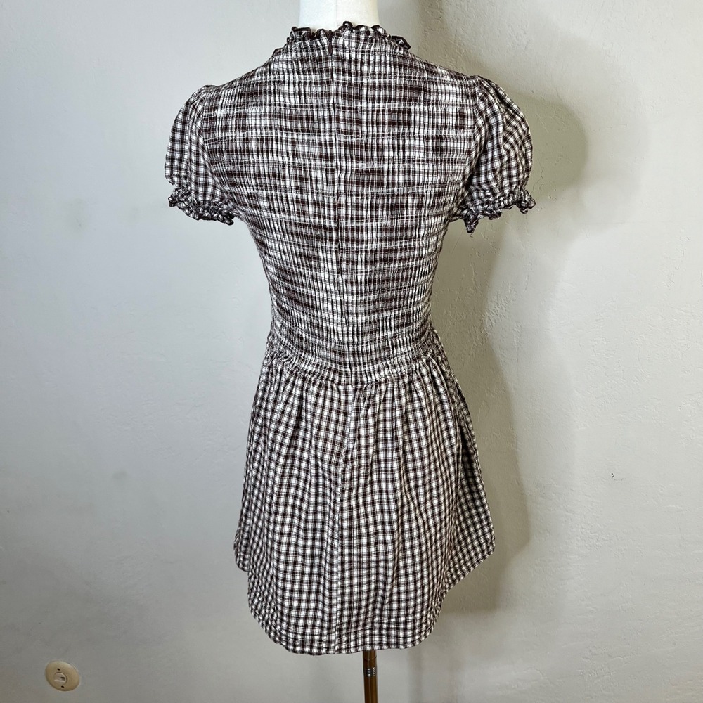 RIHOAS Brown Gingham Smocked Mini Dress Cotton Puff Sleeve Cottagecore Medium - Picture 4 of 9